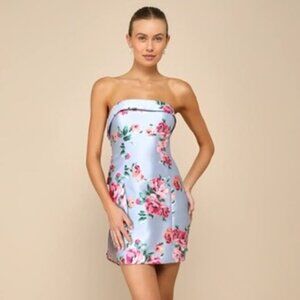 Luxe Wonder Light Blue Floral Taffeta Strapless Bow Mini Dress
